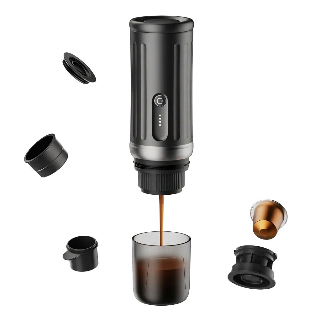 ALVOLO portable espresso machine pouring espresso into a glass cup