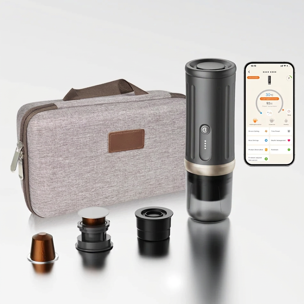 ALVOLO travel kit with pouch, wand, three adapters and the companion app on iPhone