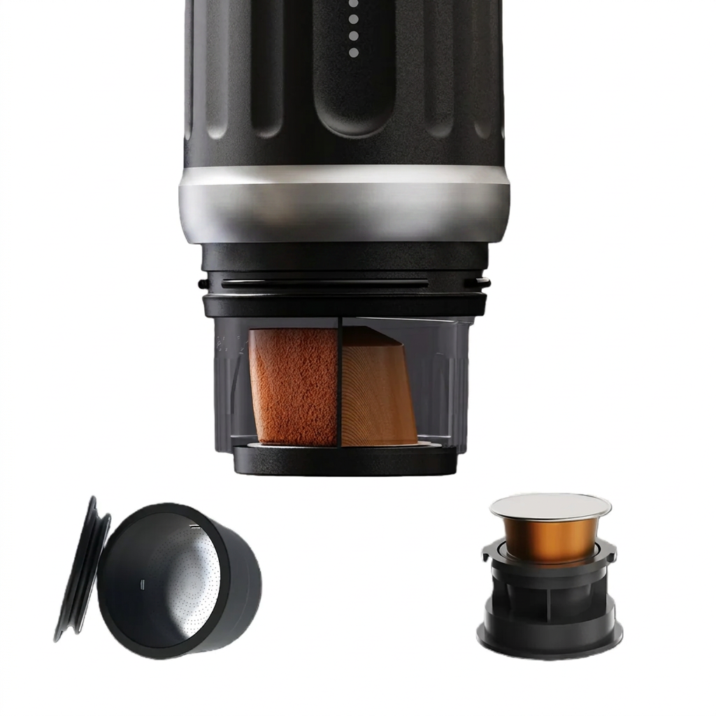 Macro view of the ALVOLO brew chamber, capsule and adapter